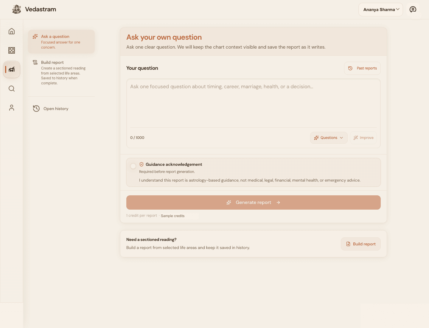 Ask workspace with sample profile name, question input, acknowledgement, credits, and Generate report button