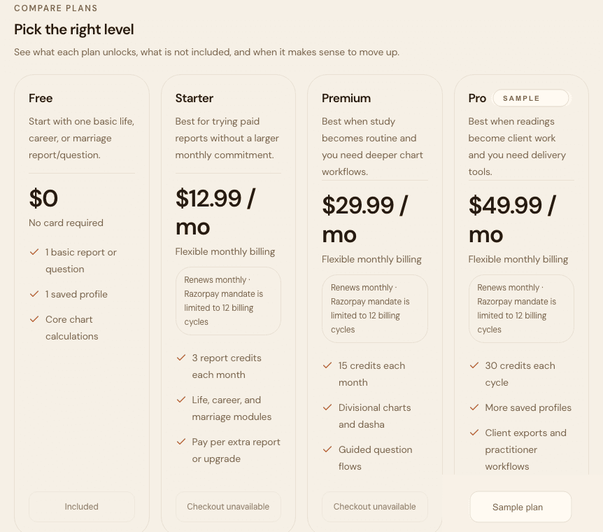 Billing settings plan chooser showing current plan, upgrade, unavailable, and add-on actions