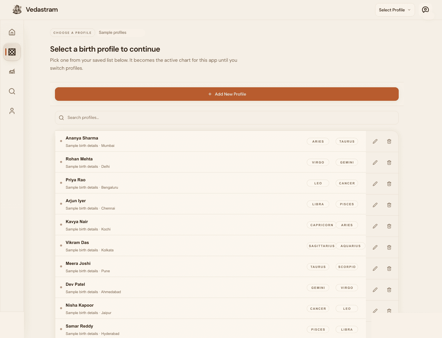 Vedastram profile chooser with Add New Profile and searchable sample profiles